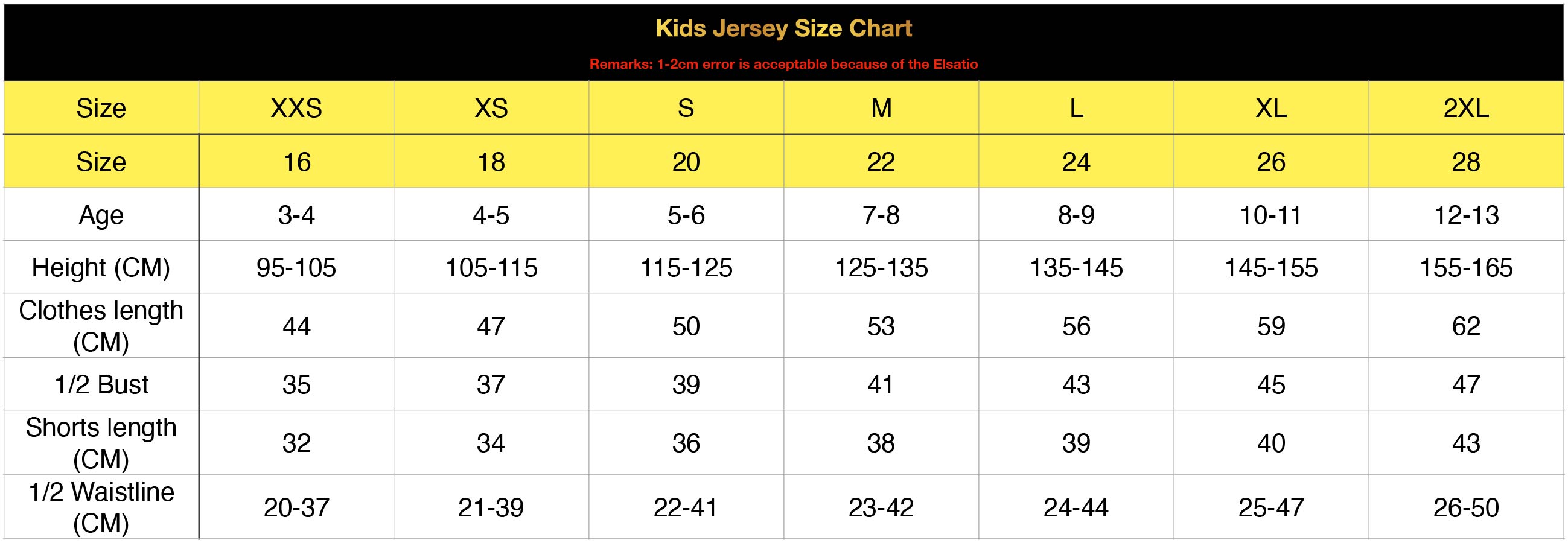 Kids Jersey's Size Chart