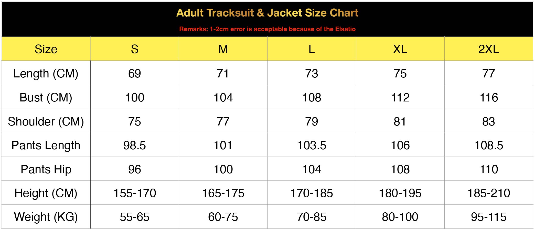 Adult Jacket Size Chart